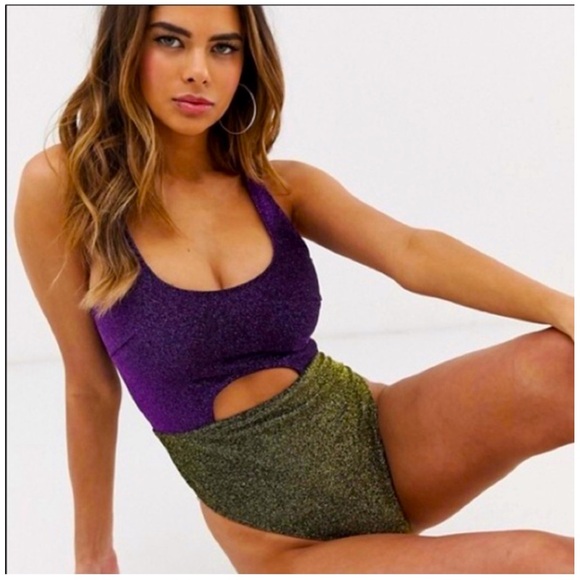 WOLF & WHISTLE Fuller Bust Exclusive cut out swimsuit in glitter lurex US 4D - Picture 7 of 7